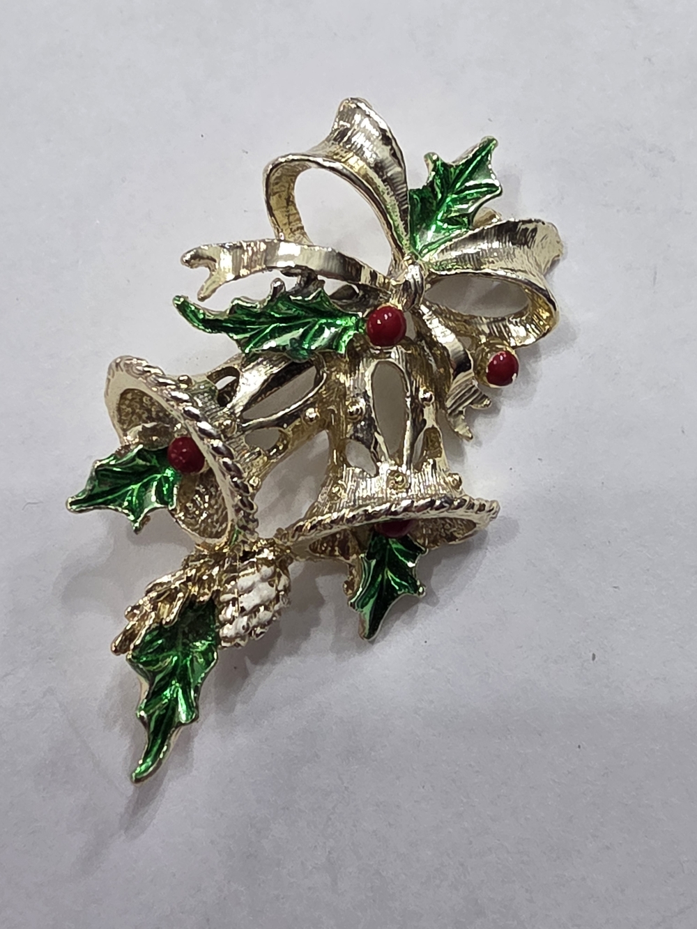 Gerrys Gold-Tone Holiday Bell Brooch with Green Enamel Holly & Red Berry Accent
